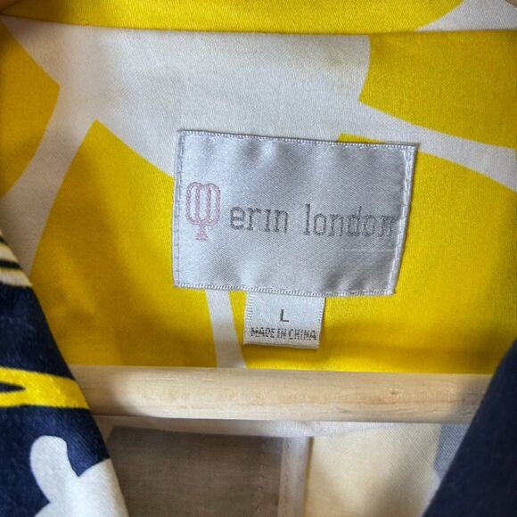 Erin London Yellow Navy Floral 3/4 Sleeve Collared Button Up Topper Jacket Sz L - Picture 4 of 13